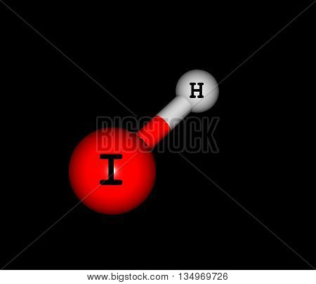 Hydrogen iodide - HI - is a colorless gas that reacts with oxygen to give water and iodine. 3d illustration