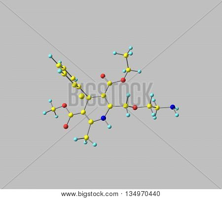 Amlodipine is a medication used to lower blood pressure and prevent chest pain. 3d illustration