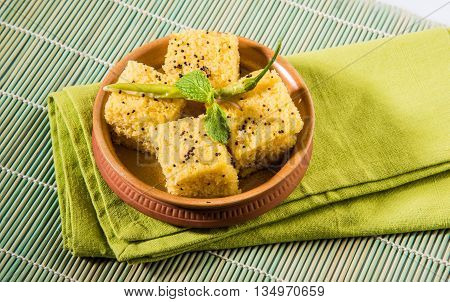 favourite Gujrati snack, khaman Dhokla made up of gram flour, semolina