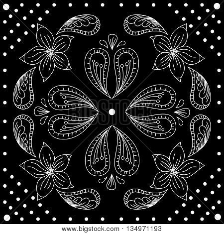 Black And White Abstract Bandana Print With  Element Henna Style. Square Pattern Design For Pillow,