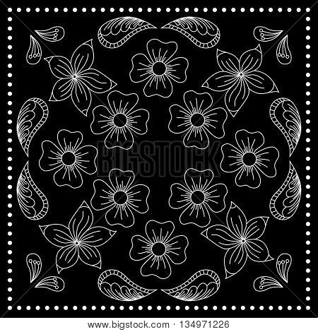 Black And White Abstract Bandana Print With  Element Henna Style. Square Pattern Design For Pillow,