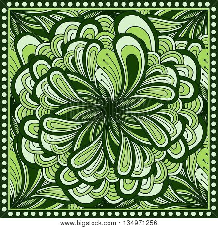 Bandana Print With  Fantasy Flower In Green Color. Square Pattern Design For Pillow, Carpet, Rug. De