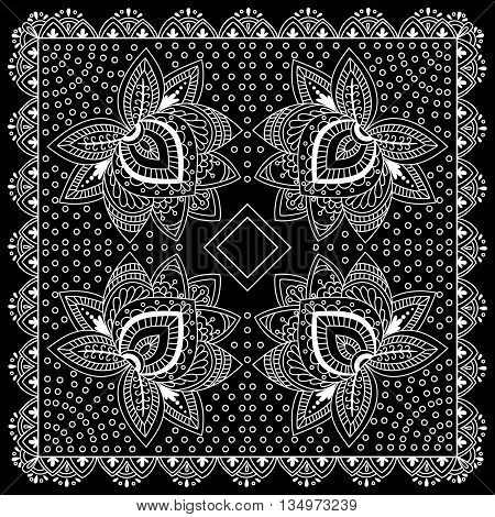 Black And White Abstract Bandana Print With  Element Henna Style. Square Pattern Design For Pillow,