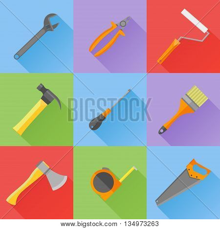 Set of construction tools flat icons. Spanner, pliers, hammer, screwdriver, brush, roller, axe, saw and tape measure. Vector illustration.