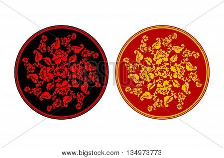 Russian National Pattern Hohloma. Retro Floral Ornament. Round Decorated Dish. Historic Traditional