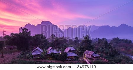 Village and mountain in Vang Vieng, Laos