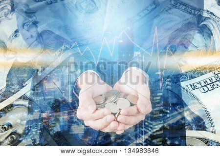 Double exposure of cityscape and businessman collect many coins on hands with trading graph finance and banking concept
