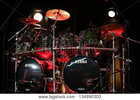 CRACOW POLAND - MARCH 16 2016: Drums of Billy Cobham live on stage in ICE Cracow Poland