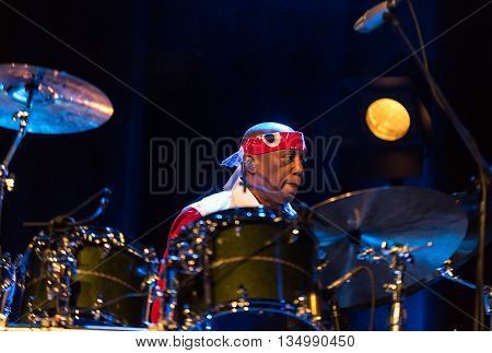 CRACOW POLAND - MARCH 16 2016: Famous American drummer Billy Cobham live on stage in ICE Cracow Poland
