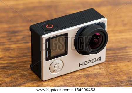 NOVI SAD SERBIA - JUNE 19 2016: GoPro Hero 4 Black waterproof action camera announced in september 2014 illustrative editorial