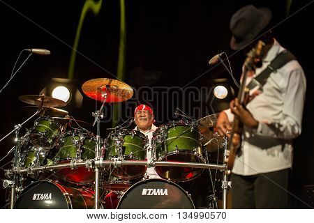 CRACOW POLAND - MARCH 16 2016: Famous American drummer Billy Cobham live on stage in ICE Cracow Poland