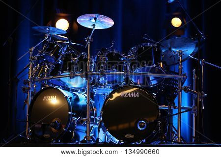 CRACOW POLAND - MARCH 16 2016: Drums of Billy Cobham live on stage in ICE Cracow Poland