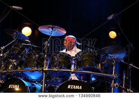 CRACOW POLAND - MARCH 16 2016: Famous American drummer Billy Cobham live on stage in ICE Cracow Poland