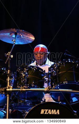 CRACOW POLAND - MARCH 16 2016: Famous American drummer Billy Cobham live on stage in ICE Cracow Poland