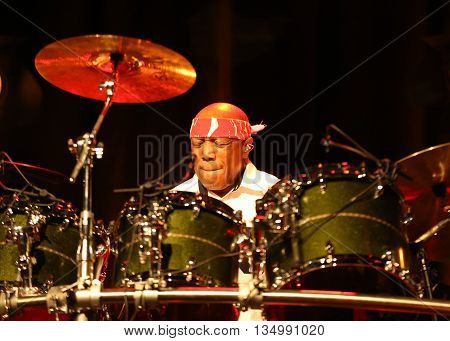 CRACOW POLAND - MARCH 16 2016: Famous American drummer Billy Cobham live on stage in ICE Cracow Poland
