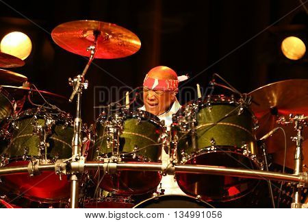 CRACOW POLAND - MARCH 16 2016: Famous American drummer Billy Cobham live on stage in ICE Cracow Poland