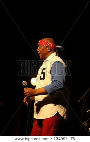 CRACOW POLAND - MARCH 16 2016: Famous American drummer Billy Cobham live on stage in ICE Cracow Poland