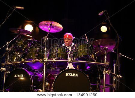 CRACOW POLAND - MARCH 16 2016: Famous American drummer Billy Cobham live on stage in ICE Cracow Poland