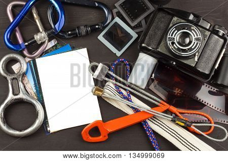 Memories of the way through the mountains. The old camera. Memories of on climbing. Family album photos. Memories of youth. Greetings from mountains. Equipment artistic photographer.