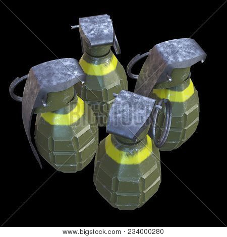 Hand Bomb Frag Grenade Green Metal With Scratches And Round Pin Over. 3d Render On Black