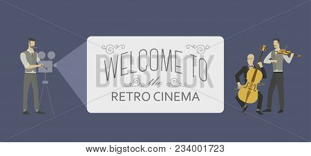 Retro Template For A Web Video Player. Silent Movie Cinema Illustration With A Small Orchestra And A