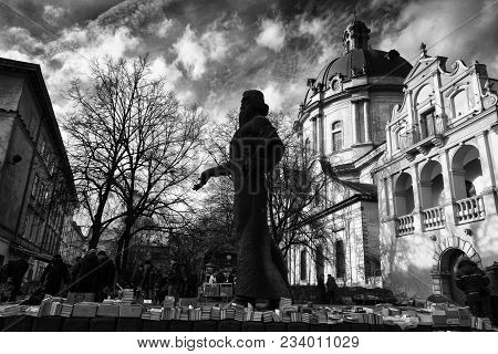 Lviv, Ukraine - February 3, 2017. Book Fair At The Monument To Ivan Fedorov In Lviv. Sale Of Old Boo