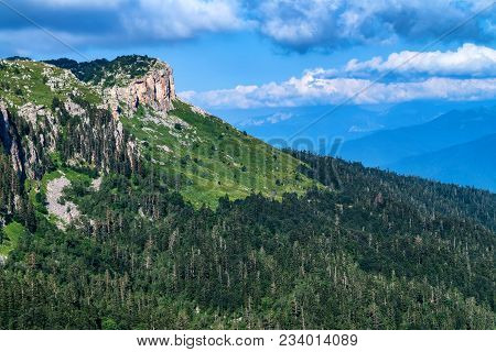 Landscape Of Subalpine Mountain Meadow And Forest In Caucasus, Russia