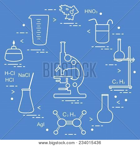 Chemistry Scientific, Education Elements: Microscope, Flasks, Tripod, Formulas, Beaker, Burner, Amoe