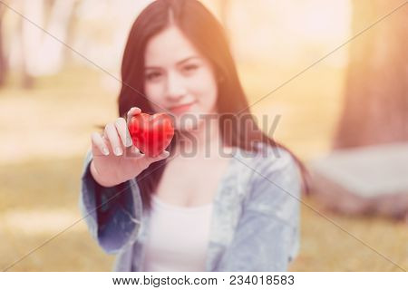 Cute Asian Woman Hold Red Heart Vintage Colortone For Share Love Together Concept