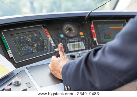 Train Driver At Work. Railroad Engineer. Transportation.