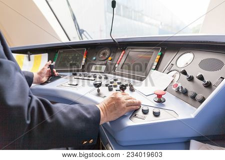 Train Driver At Work. Railroad Engineer. Transportation.