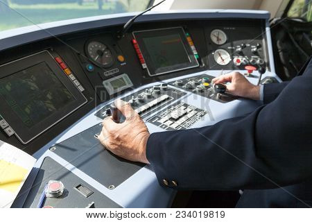 Train Driver At Work. Railroad Engineer. Transportation.