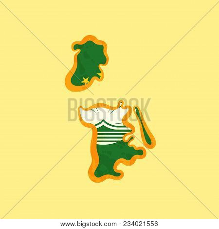 Map Of Macau Colored With Macanese Flag And Marked With Golden Line In Grunge Vintage Style.
