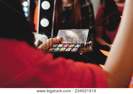 Makeup. The Process Of Applying Makeup Will Begin. Colorful Palette. Cosmetics For Festive Evening D