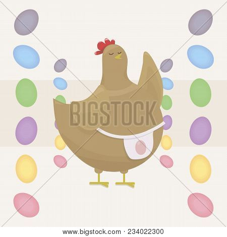 A Fat, Pot-bellied Brown Chicken, The Mother Teaches By Raising Her Wing, In A Light Pink Apron With