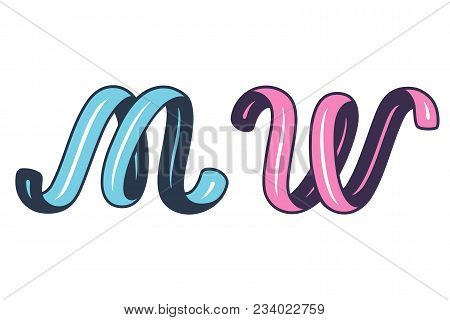 Hand Drawn Decorative Initial Letters M And W For Men And Women. Blue And Pink Male And Female Gende
