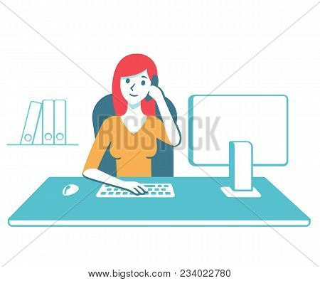 Young Business Woman, Secretary Or Personal Assistant Answering Phone Call At Office Desk. Modern Fl