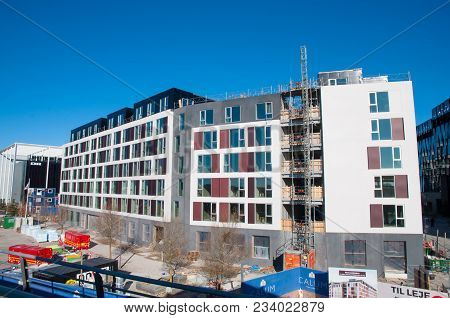 Copenhagen Denmark - March 18. 2018: Construction Of Modern Residential Building