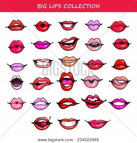 Big Vector Lips Set Comic Fashion Emotions Pop Art Style Different Color Lipstick Cosmetics Stock Ar
