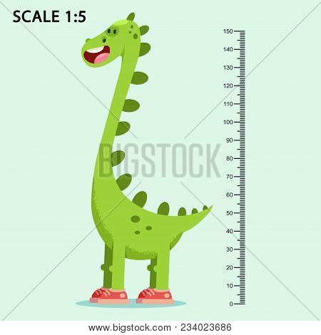 Kids Meter Wall With A Cute Smiling Cartoon Dinosaur And Measuring Ruler. Vector Illustration Of An 