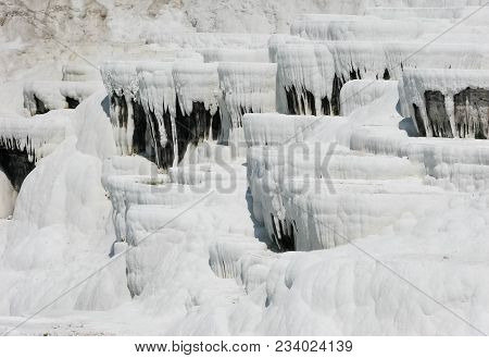 Steps Of Limestone Deposits, Hot Springs And On The Mountainside. Texture. Background.