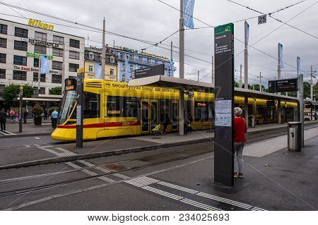 Basel, Switzerland - June 06  2017:  Tram In Basel. Switzerland. Europe.