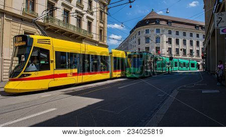 Basel, Switzerland - June 06  2017:  Tram In Basel. Switzerland. Europe.
