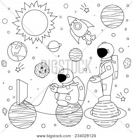 Hand Drawn Two Funny Astronauts Playing Video Games On Space For Design Element Like Print On Video 