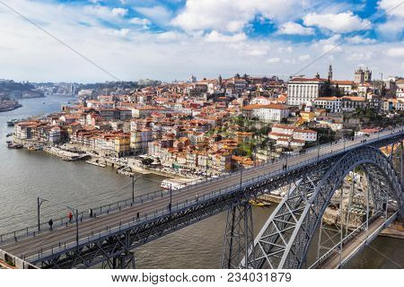 Aerial v iew of the historic city of Porto, Dom Luiz bridge. Porto, Portugal