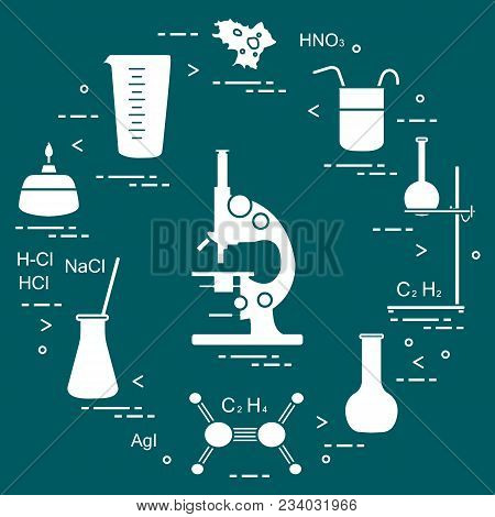 Chemistry Scientific, Education Elements: Microscope, Flasks, Tripod, Formulas, Beaker, Burner, Amoe
