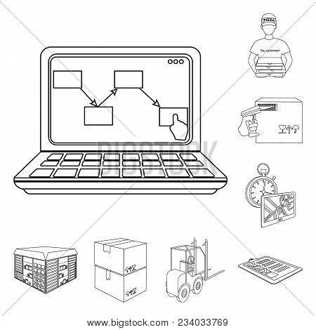 Logistics And Delivery Outline Icons In Set Collection For Design. Transport And Equipment Isometric
