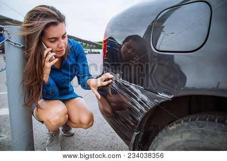 Woman Stand Near Scratched Auto. Call For Help. Car Insurance