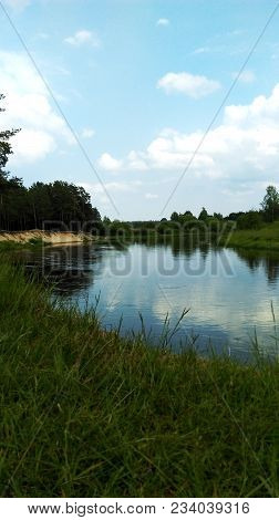 Landscape With The River And Green Vegetation Of Trees And Plants On The River Banks. Beautiful Clea