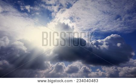 Beautiful Sky . Dark Sky With Sun . God Rays .   Dramatic Nature Background .  Sunset Or Sunrise Wit